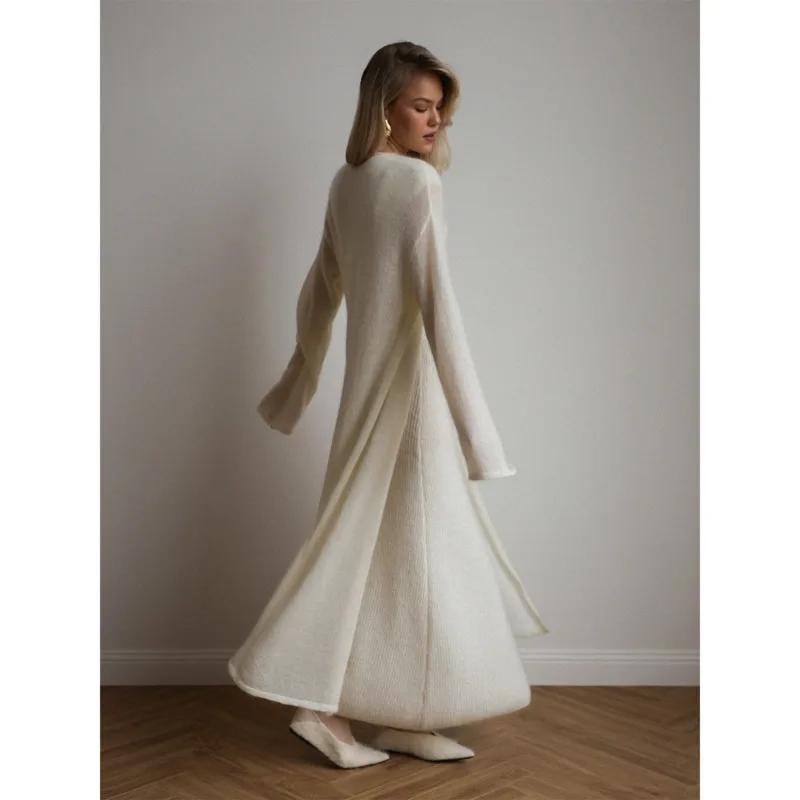 2025 Autumn 2 Piece Set Women Mohair Knitted Sleeveless Bodycon Maxi Dress + Long Cardigan Elegant Chic Outfit Knitwear Suit Mew