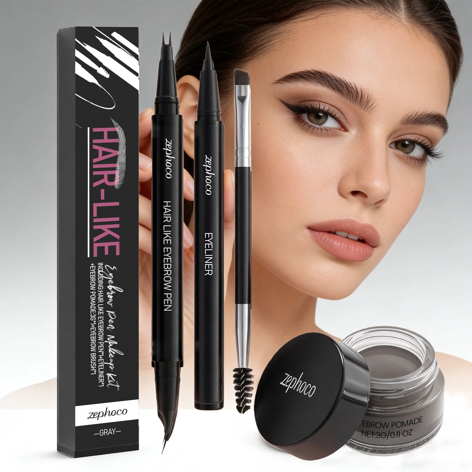 Waterproof Eyebrow Powder Eyeliner Set Long Lasting Natural Eyebrow Contour Color Rendering Grey Eye Makeup Cosmetics Tool