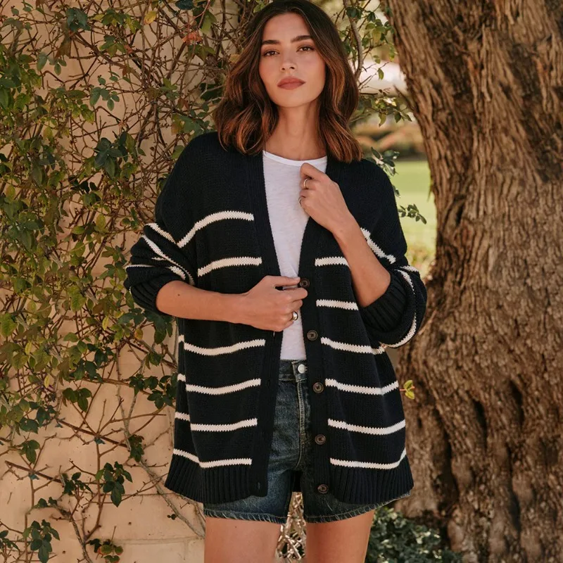 

Striped Knit Cardigan Autumn V-Neck Single Breasted Knit Sweater Casual Loose Office Lady Women Jacket Female Outfits
