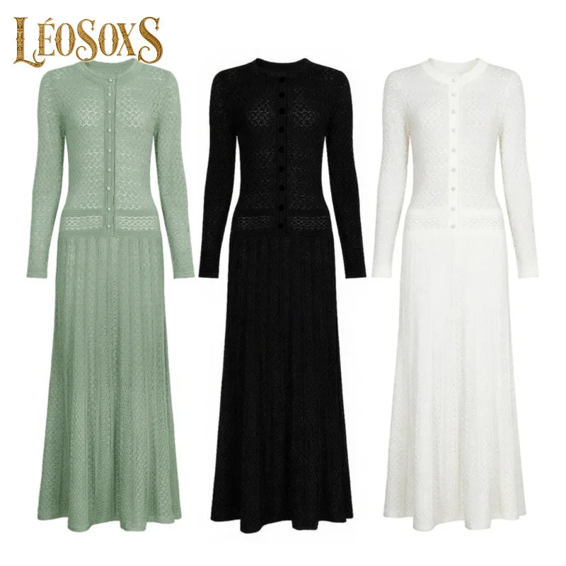 LEOSOXS Długie Rękawy Modne Dopasowane Sukienki Dzianinowe Zapięcie Perłowym Dekolt Okrągły Odzież Damska Obcisła Seksowna Długa Suknia Jesienna Elegancka Impreza