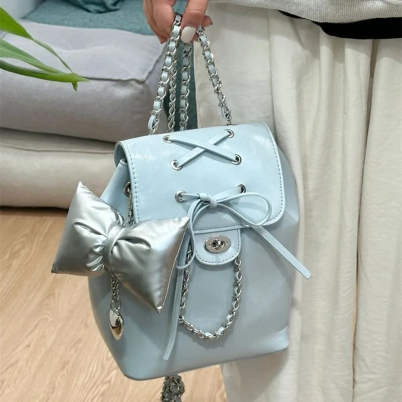 JIAERDI-Mochila Harajuku con lazo azul Y2k para mujer, Mini Mochila con cadenas estéticas de núcleo de hadas, bonita