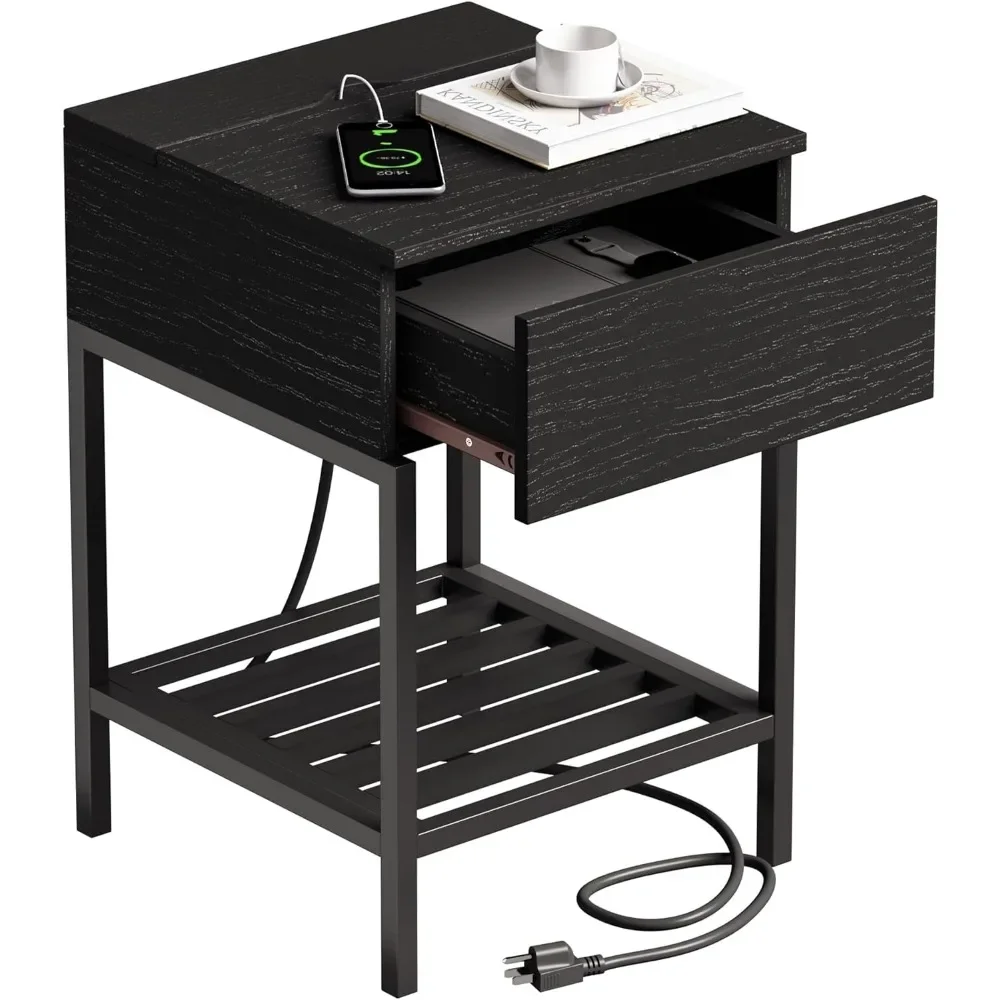 

Nightstand with Charging Station and USB Ports, Rustic Side End Table with Drawer and Metal Shelf, Bedside Table