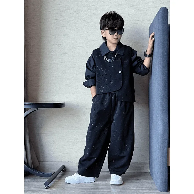 

3 PCS set Autumn Spring Boy Black TShirt+Pants Shorts+Vest Kid Children baby Gentleman Handsome Streetwear Party Wedding Clothes
