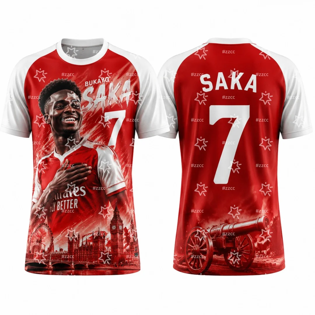 Camiseta de Fútbol para Fanáticos de los Gunners 26-27, Camiseta de Fútbol Saka Número 7, Camiseta Deportiva de Verano de Secado Rápido para Hombre, Ropa para Niños, Camiseta para Mujer ﻿
