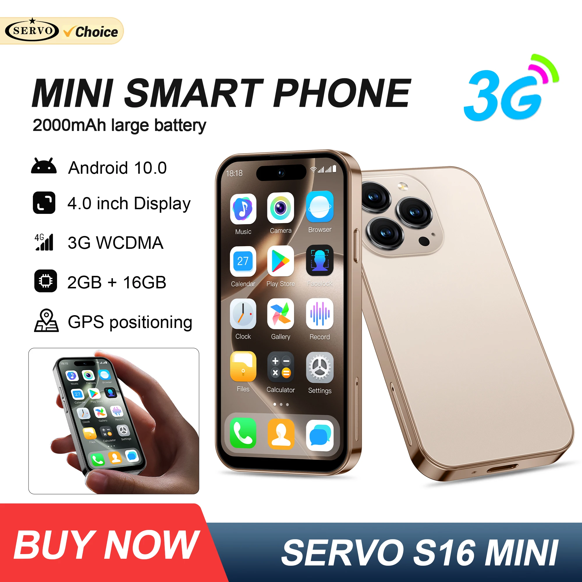 SERVO Mini Android Smartphone 3G WCDMA RAM 2GB ROM 16GB Play Store WiFi Hotspot Face Unlock Dual SIM 4.0" Small Size Smart Phone