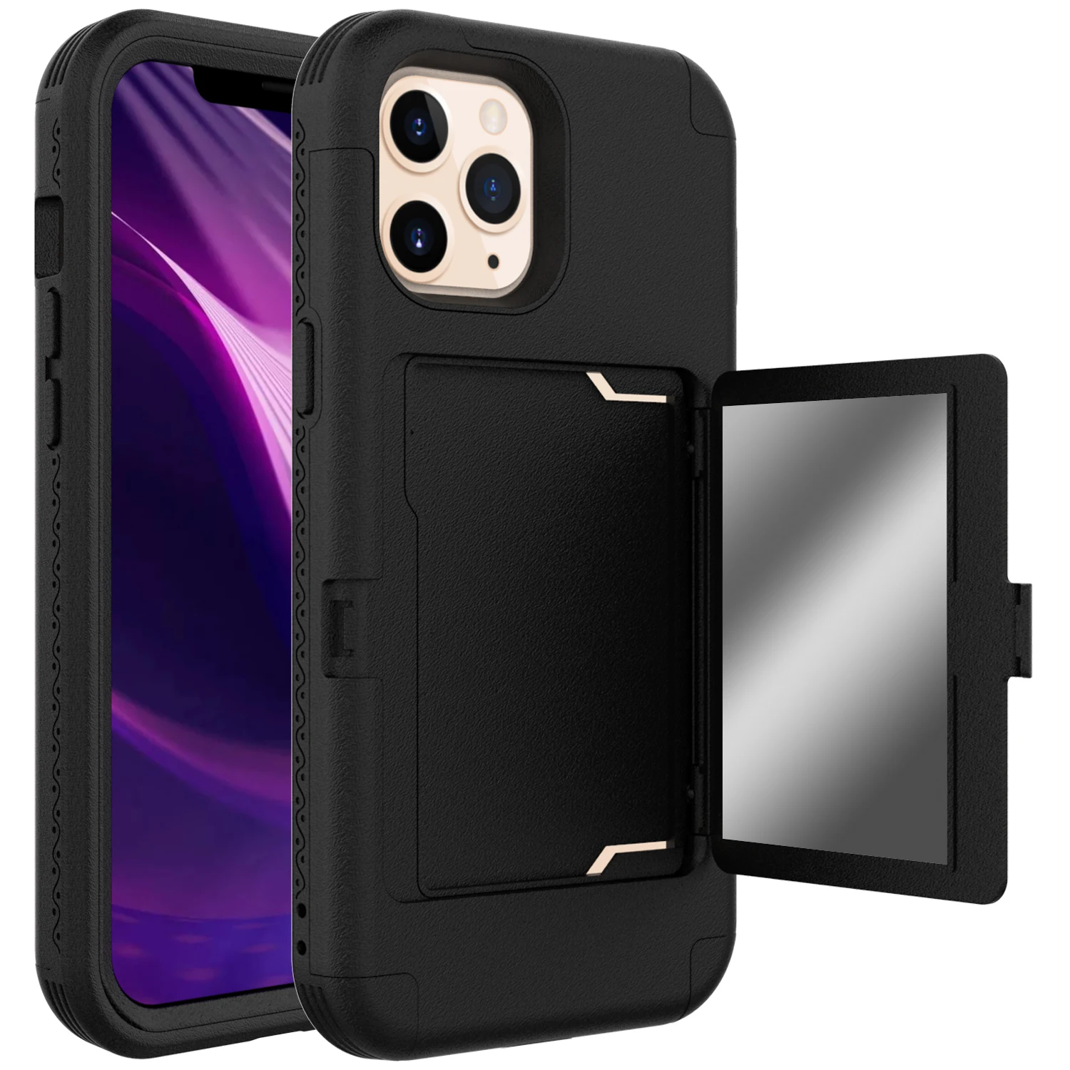 

Shockproof Hidden Mirror Card Holder Wallet Case For iPhone 15 Pro Max 14 12 11, Three Layer Hybrid Heavy Duty Protection Cover