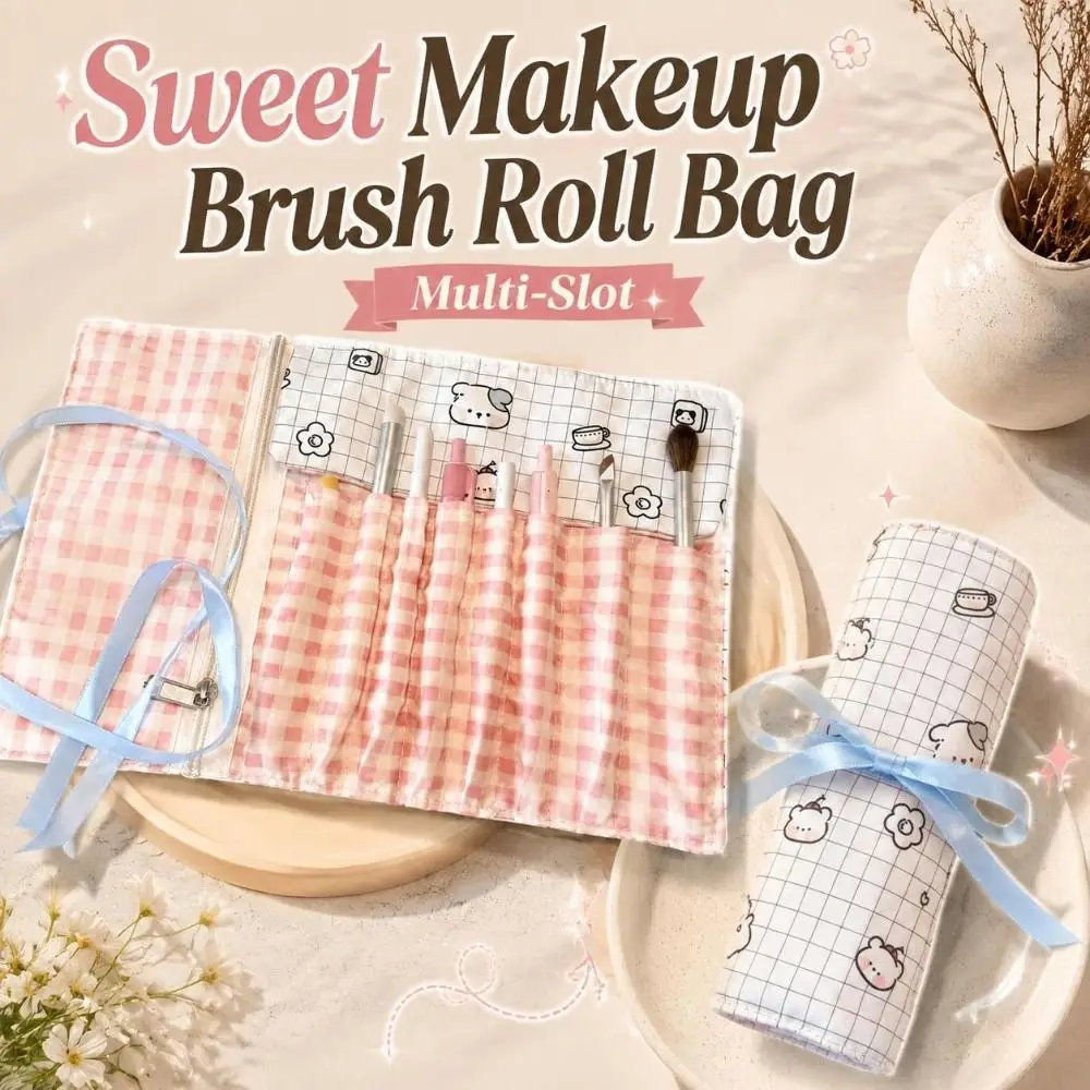 Multi-Slot Makeup Brush Roll Bag Roll-Up Ribbon-Tie Cosmetic Brush Pouch Portable Grid Pattern Brush Storage Wrap