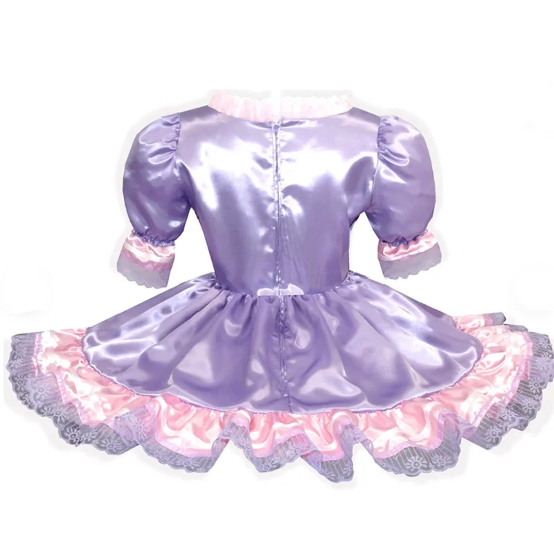 Adult Giant Baby Sexy Girl Purple Pink Color Matching Thin Satin Face Sissy Short Sleeve Dress Bowtie Servant Role Play