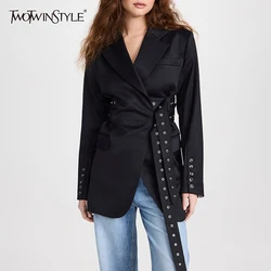 Blazer de temperamento liso TWOTWINSTYLE para mujer, cuello con muescas, manga larga, cinturón de retazos, adelgazante, Blazers de diseñador, novedad para mujer