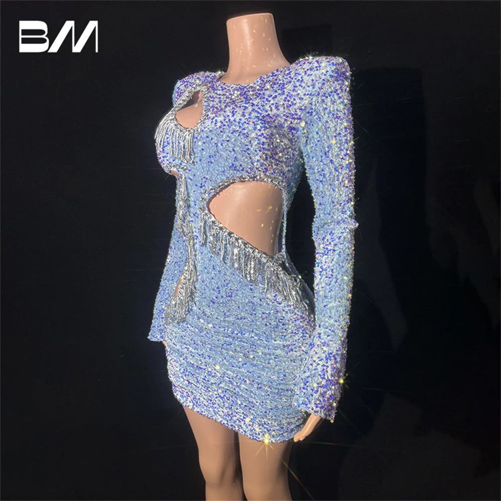 Full Sleeves Sequined Short Women Prom Dress Cut-out Tassel Fitted Mini Cocktail Dresses Glitter Sparkle Party Gown