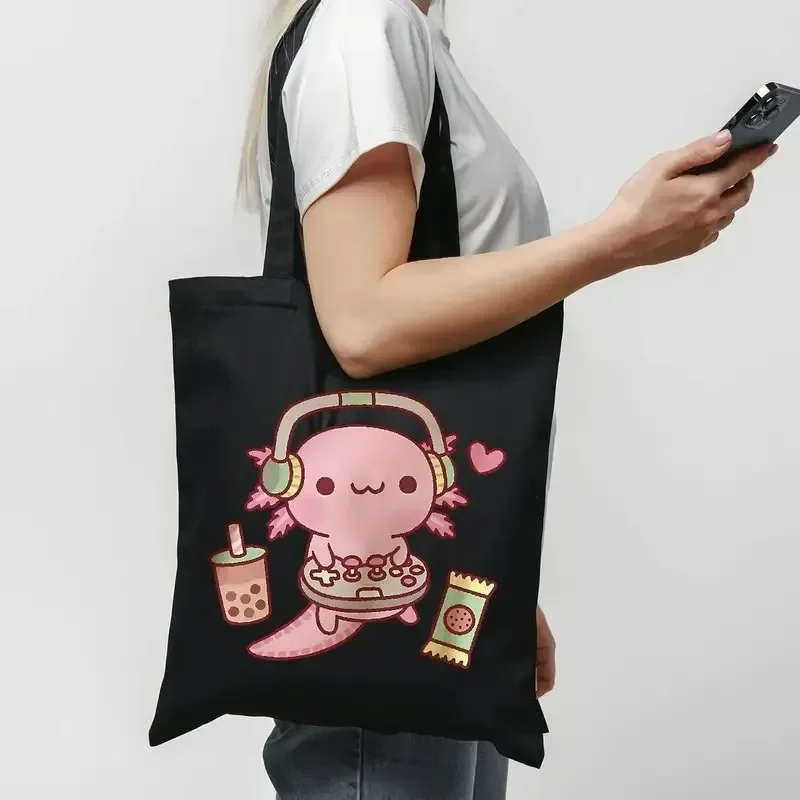 

Cute Axolotl Print Tote Bag for Women, Canvas Handbag with Fixed Shoulder Strap, Fashionable School and Shopping Duffel Bag
