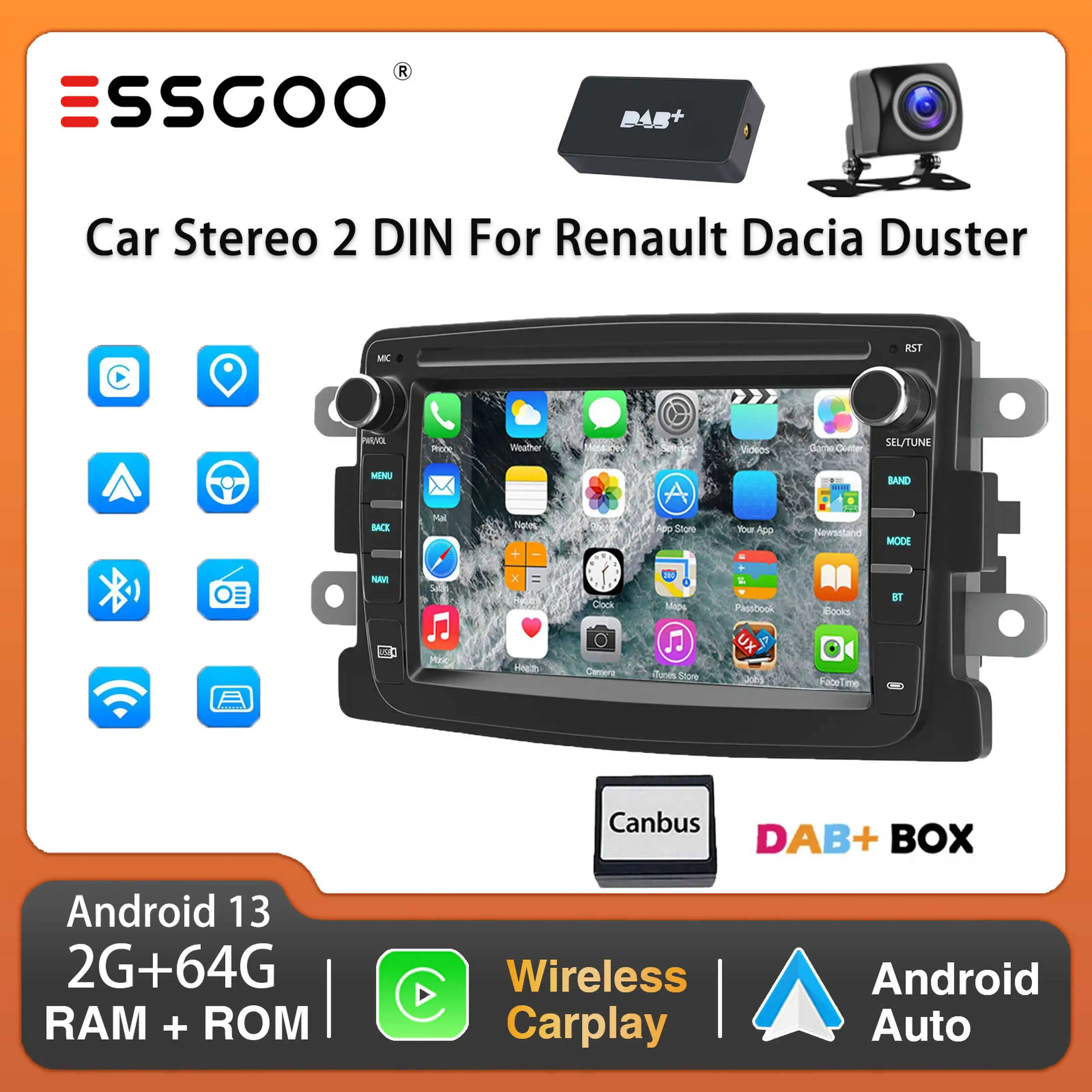 ESSGOO Car Stereo Radio 7inch For Dacia For Dokker For Logan For Renault Carplay Android Auto Bluetooth WiFi GPS NAV TouchScreen