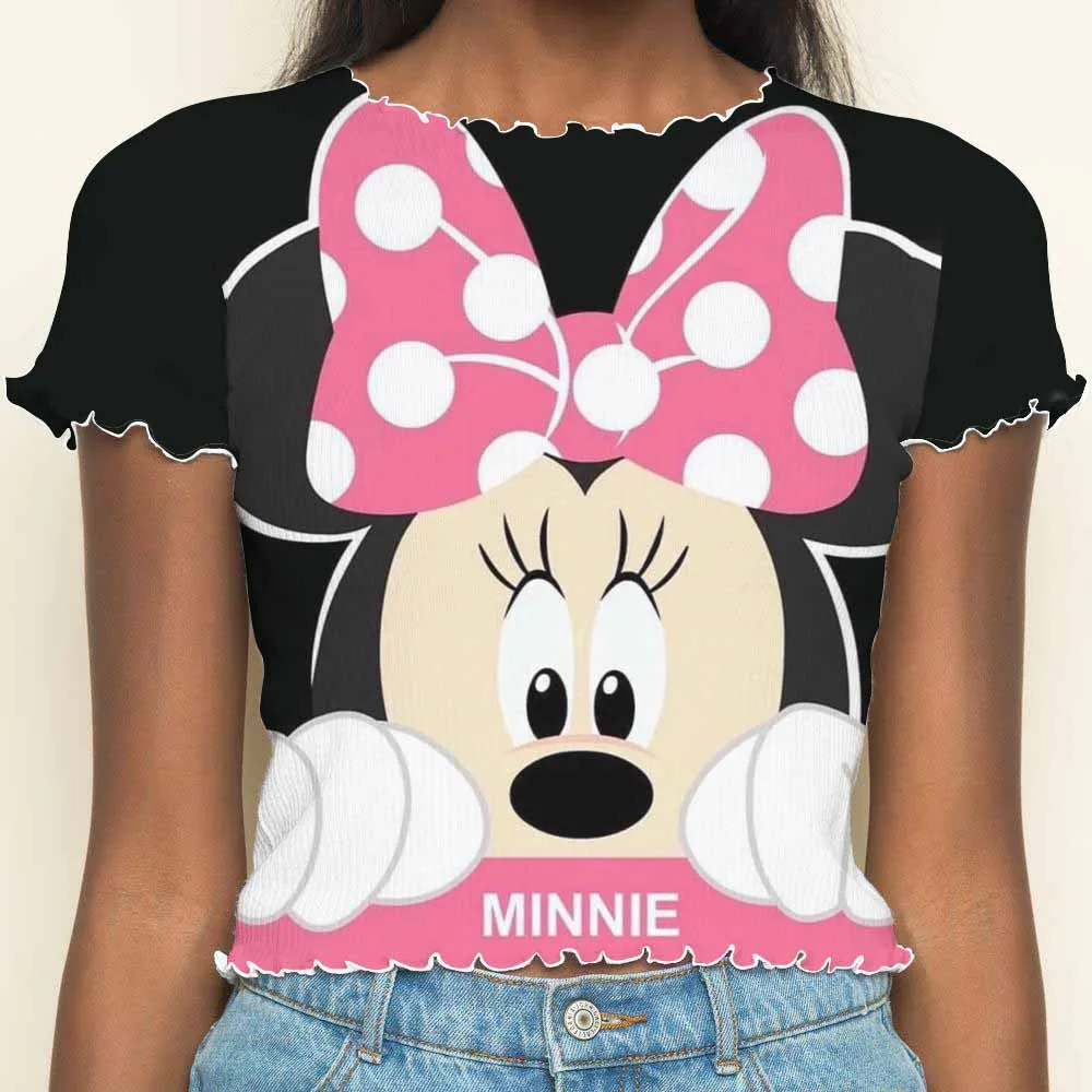 T-shirts Crop Tops Sexys Minnie Mouse T-shirt Summer Clothes Women 2024 Disney Woman Clothing Lettuce Trim Top Short Sleeve Tees