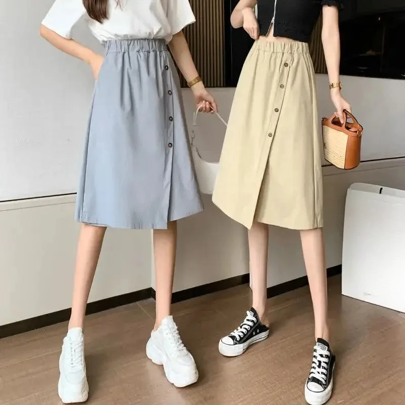 女性用ハイウエストスカート,不規則な膝丈の衣服,だぶだぶのオフィスパンツ,ボタンポケット,広い脚