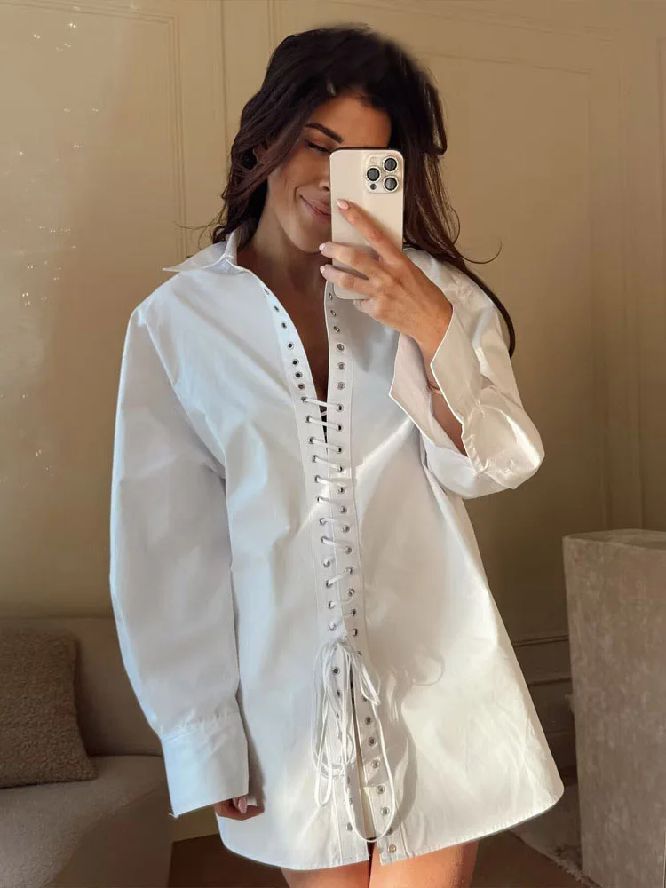 

HH Spring Women's Long Sleeves Hollow Lapel Lace Decorate White Blouses Top Woman Fashion Loose Commuting Casual Shirts Top