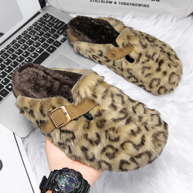 ليوبارد طباعة أفخم نِعال من الفراء للجنسين الشتاء الفلين النعال داخلي المنزل أحذية الانزلاق على الصنادل مع مشبك قابل للتعديل مغلق اصبع القدم #4