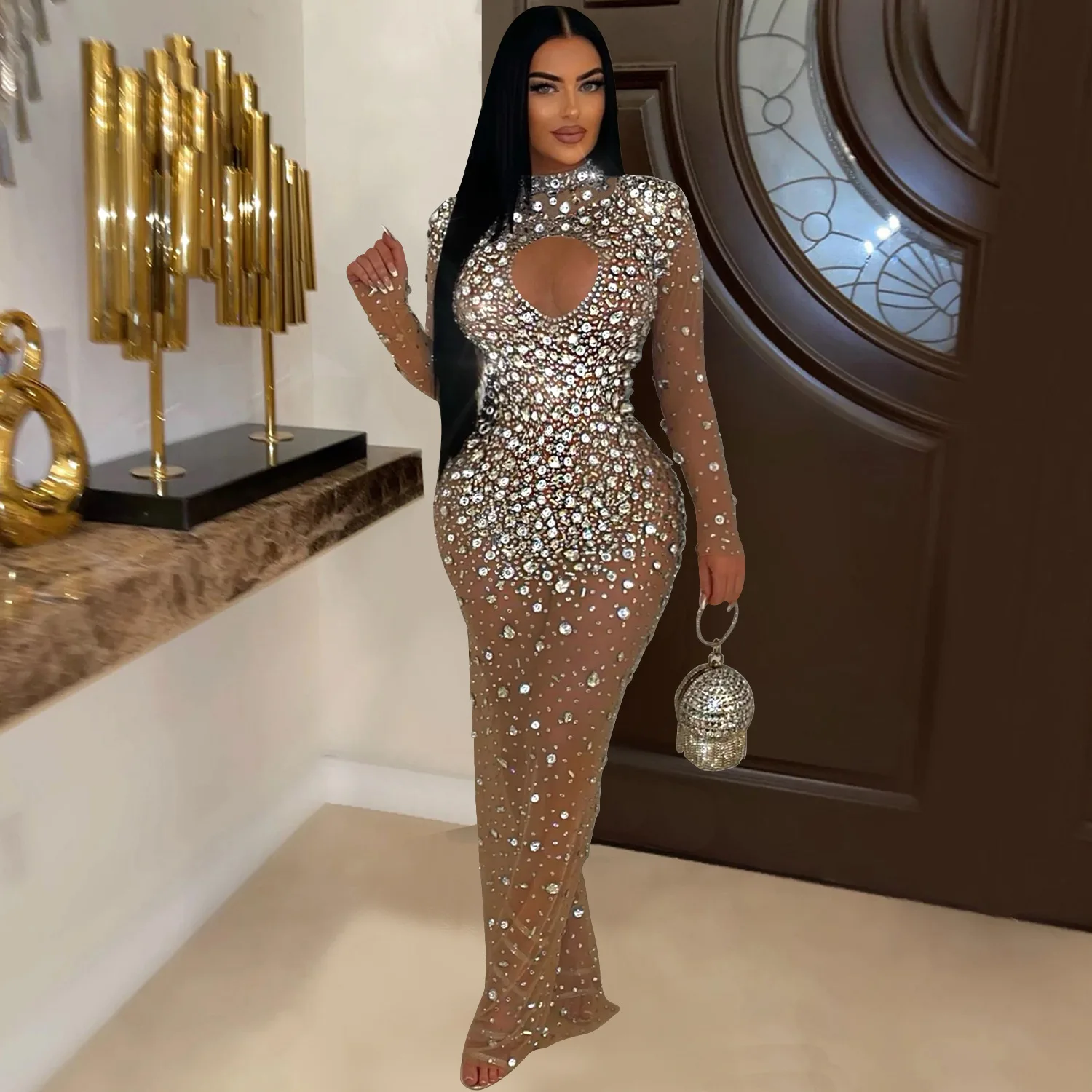 Sexy Diamond Party Dress Sheer Luxury manica lunga Robe Women Club Bodycon One Piece Dress 2024 elegante sera compleanno abbigliamento