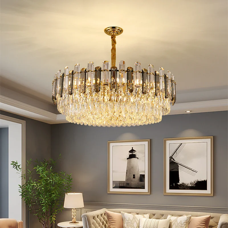 

Luxury Crystal Led Ceiling Chandelier Live Room Creative Pendant Lamp Rectangle Hanging Lights Fixture Smoky Gray Kitchen Lustre