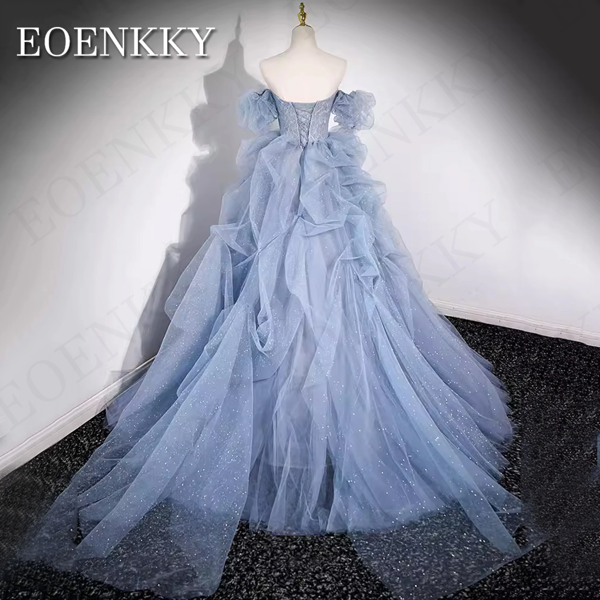 Princess Puff Sleeves Shiny Prom Dress 2024 Blue senza spalline Crystal A Line Sparkly Banquet Party Dresses Tulle Women Abito da ballo lucido con maniche a sbuffo 2024  Blu senza spalline cristallo Una linea scintilla