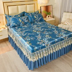 2025 New Light Luxury Lace High-end BreathableMat Set Three-piece Set: One Bed Skirt + Two Pillowcases Without Pillow Core