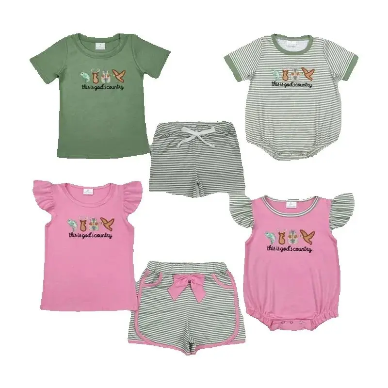 Hot Sale Baby Boys Clothes Kids God Country Hunting Season Embroidery Sibling Clothing Match Baby Rompers New Girls Clothes Sets