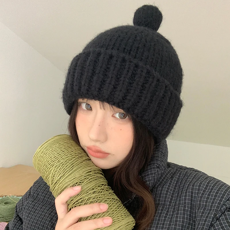 Trendy Korean Version Sweet Pink Cute Little Pom-pom Beanies Cap Y2K Autumn Winter Casual Warm Versatile Knitted Women's Hats