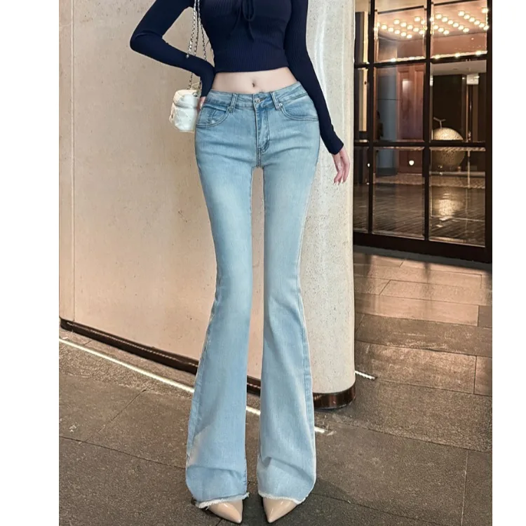 Low Waist High Elasticity Women's Slimming Jeans Korean Style Flared Pants Vintage Washed Denim Long Trousers Breathable Comf...