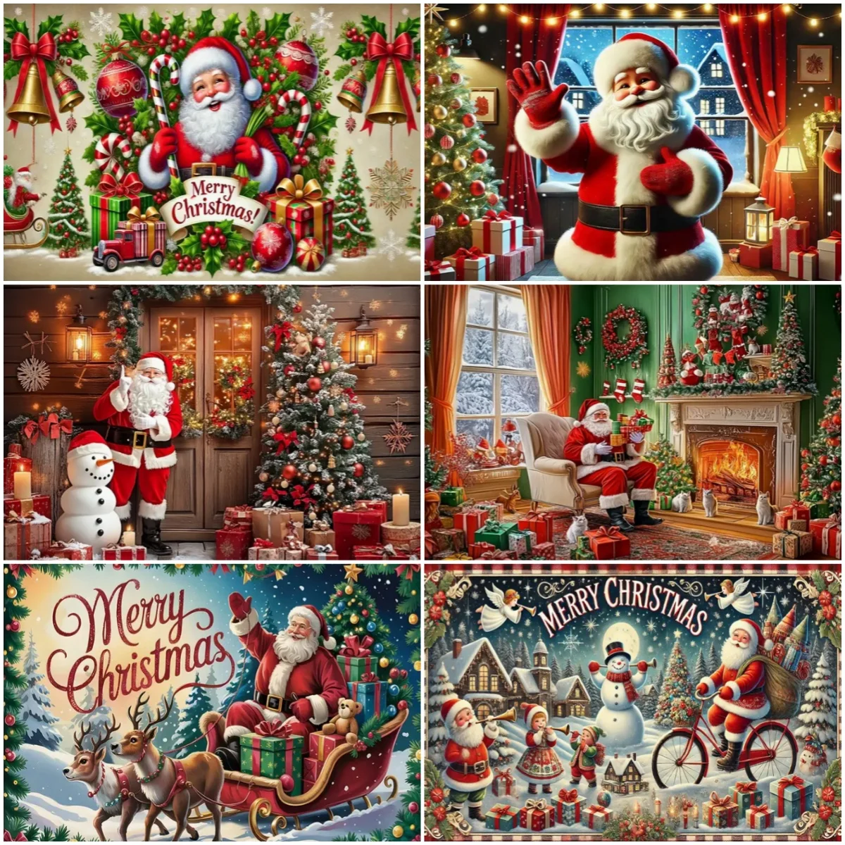 

Merry Christmas Background Banner Santa Claus Snowman Theme Photography Backdrop Props Winter Snowy Fireplace Party Decoration