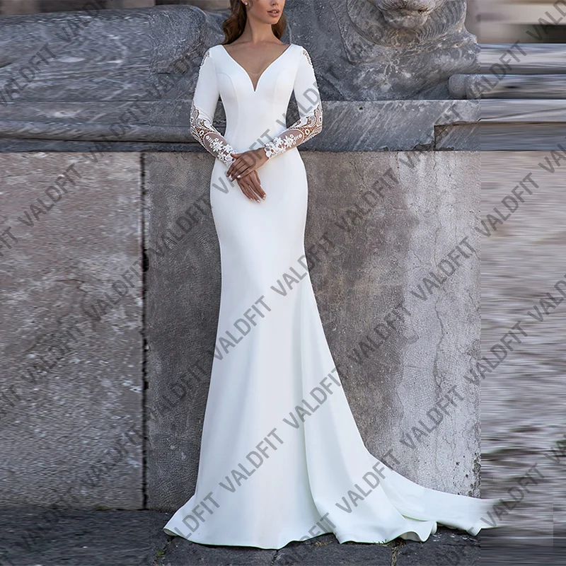 

Customized Long Sleeves Mermaid Beach White Satin Wedding Dresses Bridal Gown V Neckline Vestidos De Novia Boda