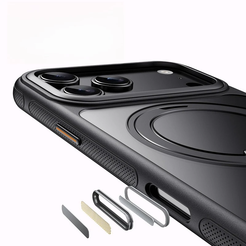 Capa magsafe de plástico transparente fosco para iphone 17pro 17 pro max air metal 360 anel giratório suporte hodler armadura capa traseira