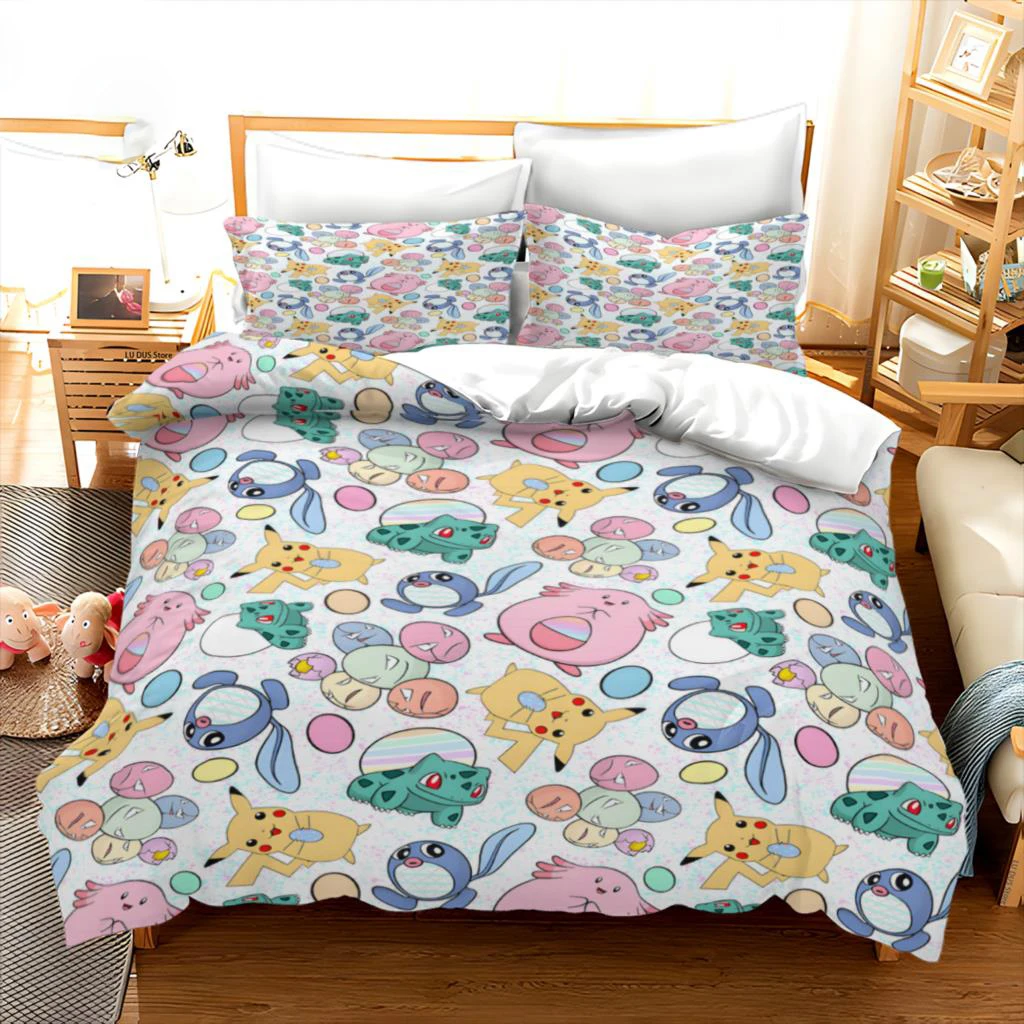 Cover Pokemon Bedding Set Cartoon Anime Children Bedroom Quilt Boy Girl Bedclothes Single Double King Pikachu Duvet Cover Gift