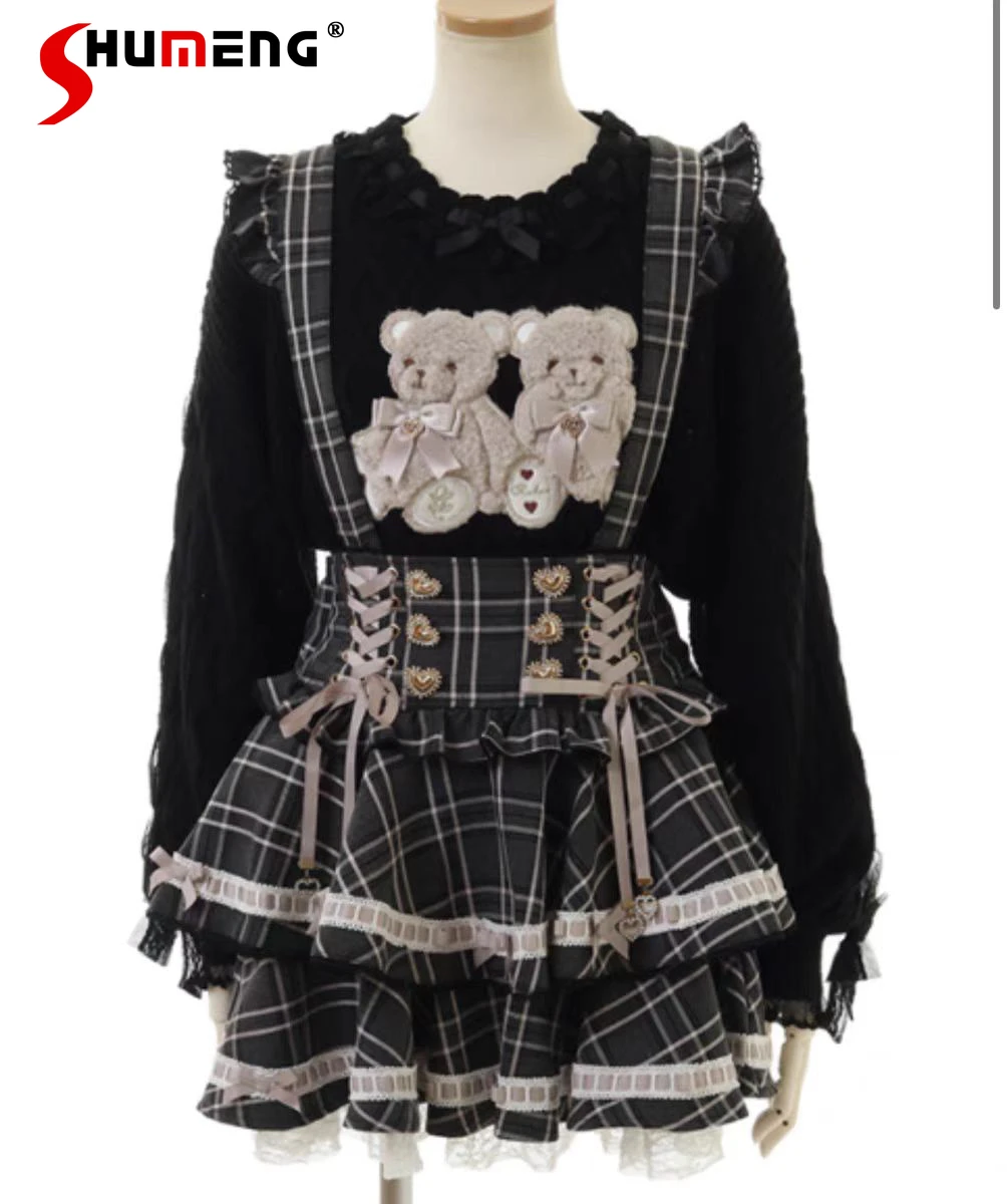 

Japanese Mine Style Sweet All-matched Lolita Skirts Ruffles Splicing Heart Buckle High Waist Lace-up Slim Fit Plaid Skirt Women