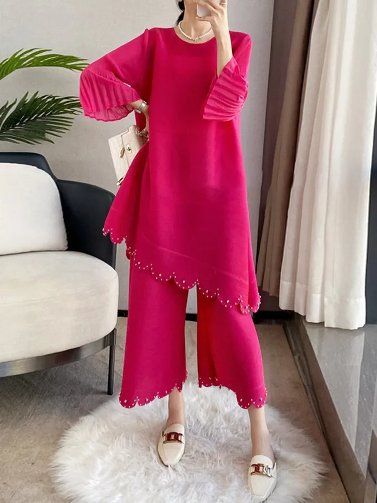 ALSEY Miyake Pleated Beading Solid Color Two Piece Set for Women Spring New Round Collar Top Wide Leg Loose Pants Clothing