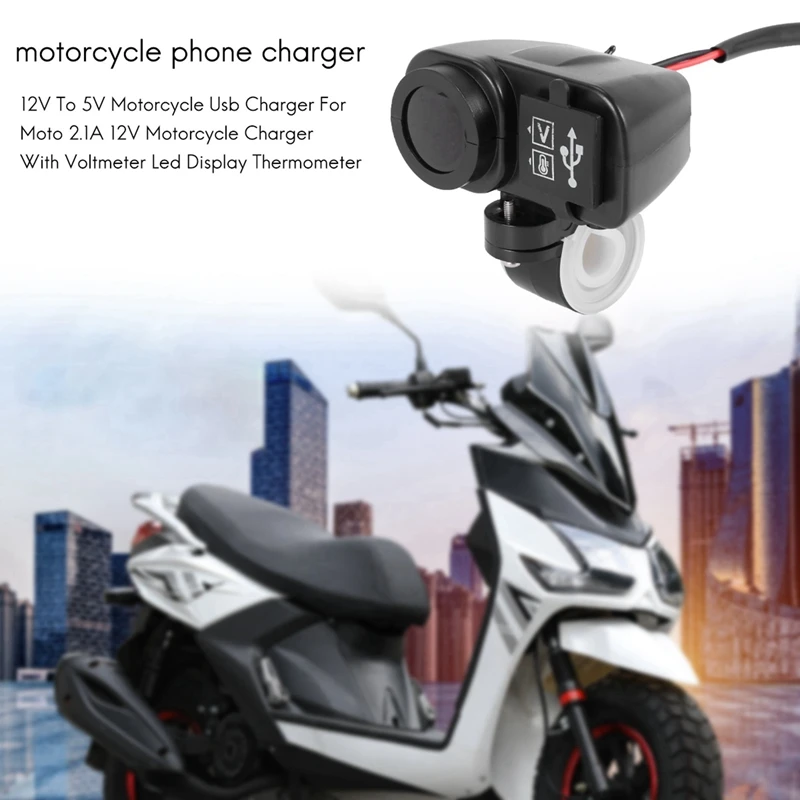 Cargador USB para motocicleta con voltímetro, termómetro con pantalla LED, 2.1A, 12V, 2 uds.