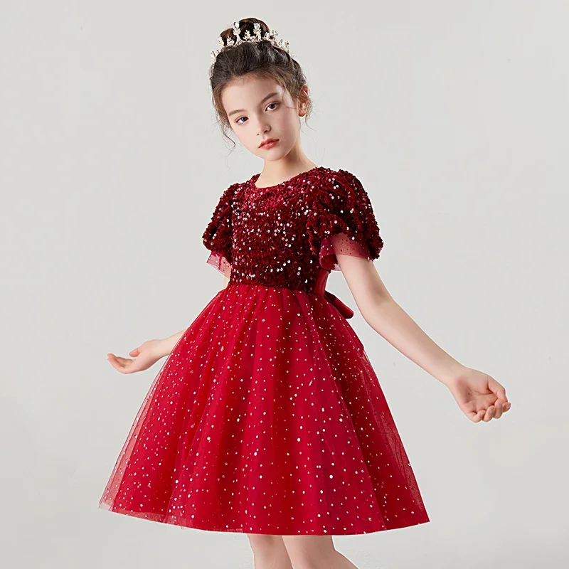 Girl's dress skirt Christmas dinner skirt sequin red green princess skirt short sleeve mesh gauze puffy skirt bubble sleeves 045