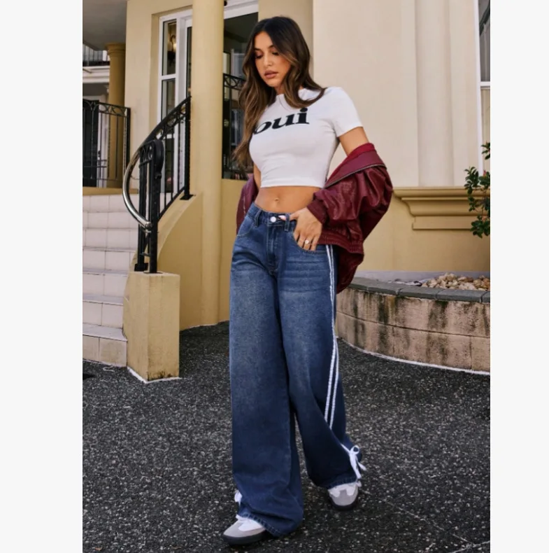 Blauwe wijde pijpen mode denim broek gestreepte vlinderknoop damesjeans hoge taille lange broek casual street style chique jeans