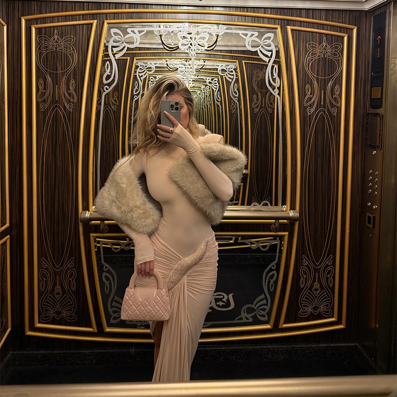 

Изящное элегантное облегающее платье-макси с высоким воротом, длинными рукавами, плиссированным подолом, приталенное, 2026 Новинка, вечернее платье для женщин на вечеринку