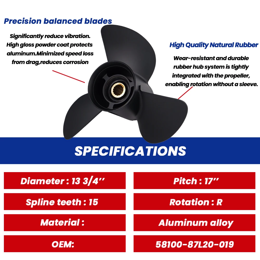 For Suzuki Marine Propeller 50 60 70 90 100 115 140HP 13 3/4*17 Aluminum Alloy Screw Boat Outboard Motor 3 Blade 15 Spline