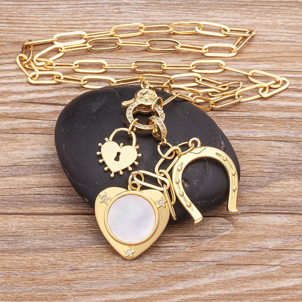 Nidin Romantic Heart Shape Inlaid Shell Pendant Fashion Geometric Zircon Necklace Women\'s Elegant Temperament Jewelry Party Gift