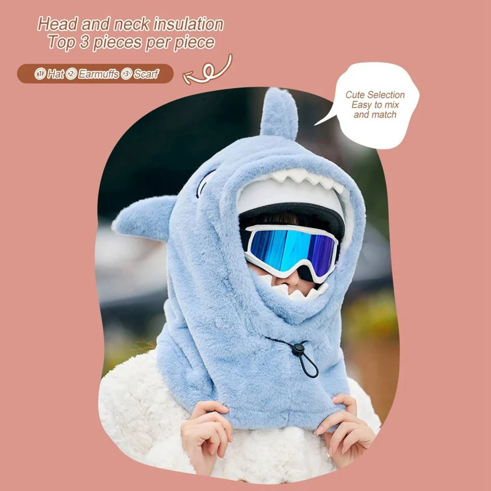 Cartoon Shark Ski Helmet Cover Winter Warm Comfortable Soft Fleece Skiing Head Warmer Cute Ski Helmet Hood Neck Warmer