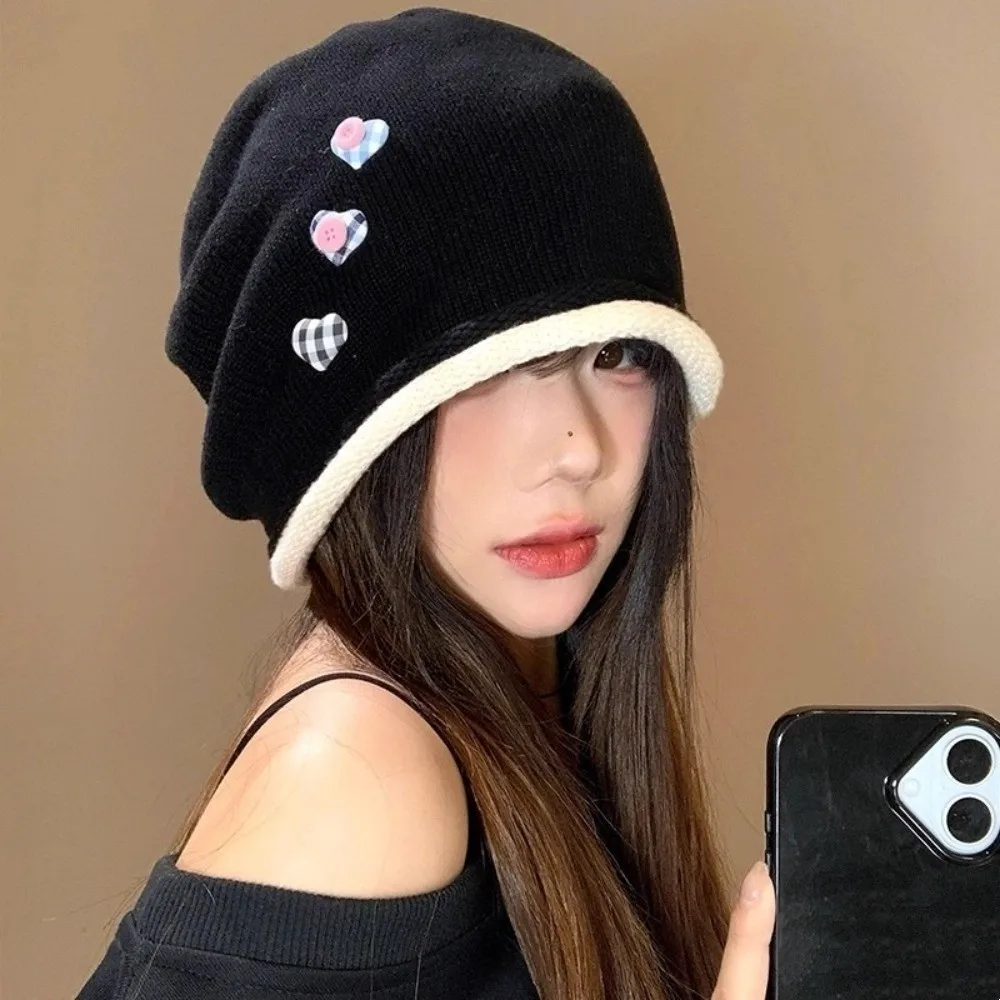 

Retro Vintage Y2k Baggy Cap Heart Button Curl Brim Knitted Beanies Cap Loose Versatile Pullover Hats Streetwear