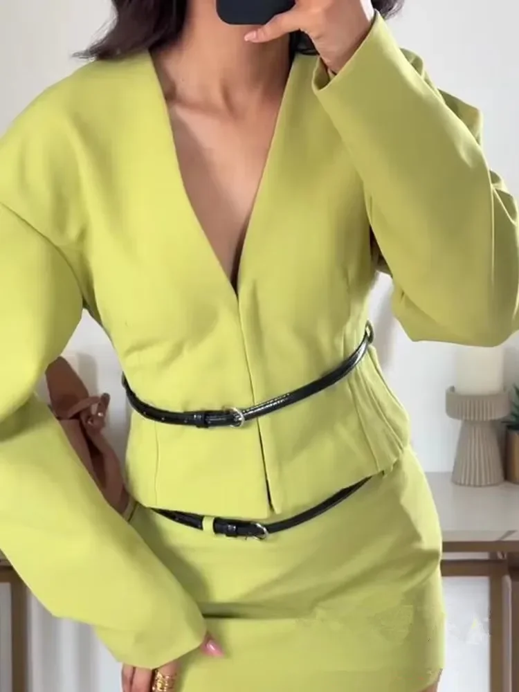 

Casual Chic Skirt Suit Women V-Neck Sashes Long Sleeve Top + Mini Skirt 2 Pieces Set New Fashion Autumn Female Outfits