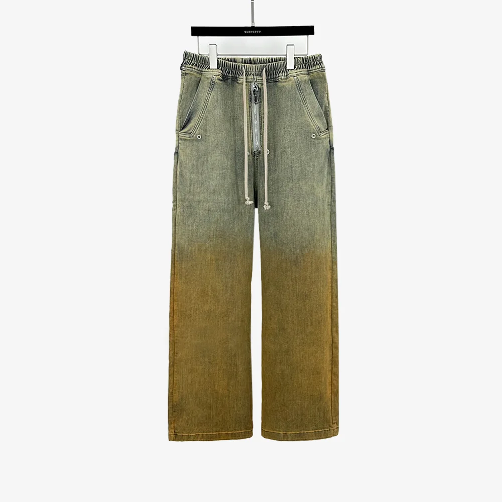 

25SS High Street Dark-style Distressed Gradient Yellow Loose Zip-up Denim Pants