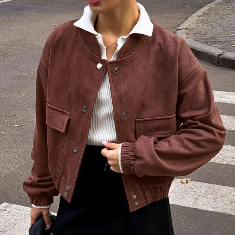 

Retro Pilot Brown Jacket Spring and Autumn Women Fashion Street Trend Loose Commuter Office Warm Windproof Long Sleeve Jacket