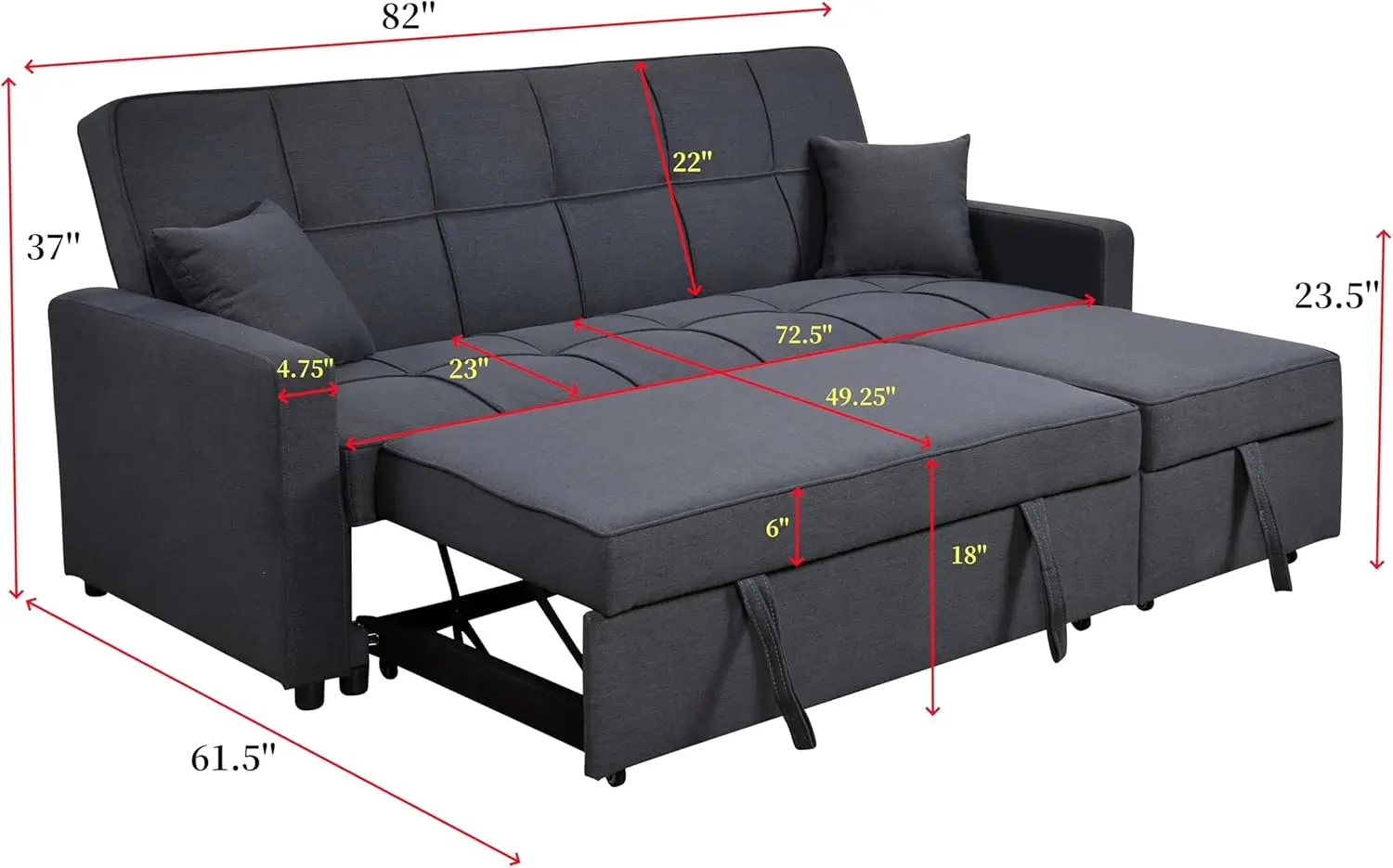 82 inch sleeper sofa with pull-out bed, convertible sofa in living room, adjustable backrest sleeper with pull-out lounge chair