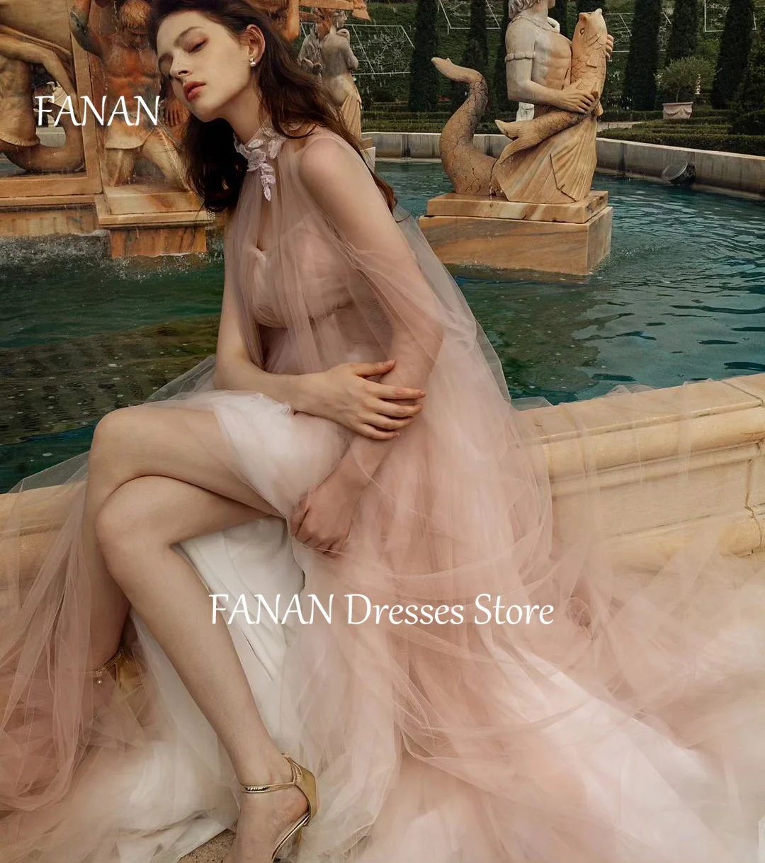 

FANAN Tulle Fairy Evening Party Dresses Korea High Neck Sleeveless Zipped Elegant Wedding Women Formal Gowns Event Prom Gowns