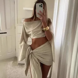 Women's Two-piece Solid Color One Shoulder Long Sleeved Tied Short Skirt Beach Vacation Sunscreen Breathable Set 2024