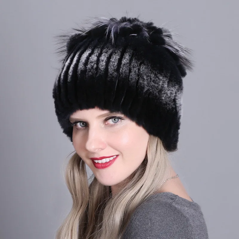 2024 New Luxury Women Winter Mink Fur Hats Knitted Real Mink Silver Fox Fur Caps Female Russian Winter Warm Real Fur Beanies Hat