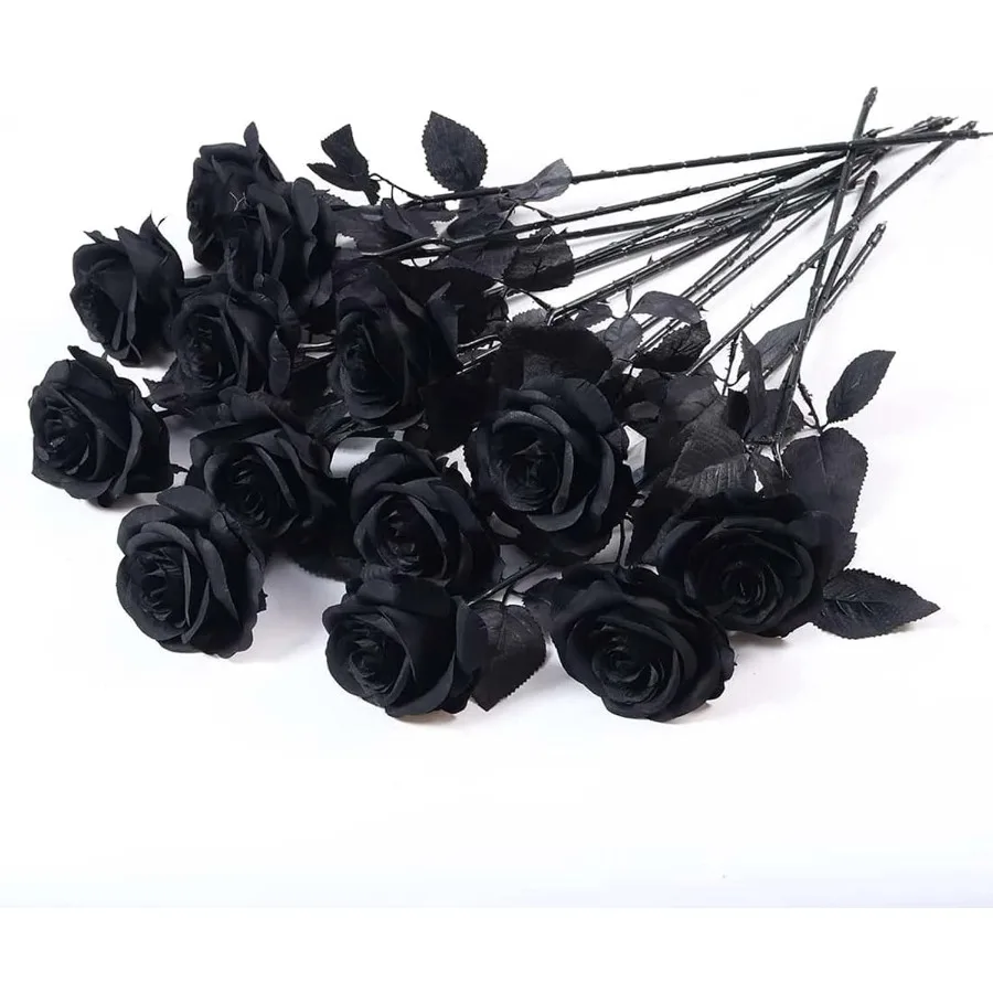 12 Uds flores artificiales rosas negras flor de seda falsa tallo largo rosa Artificial para el hogar boda fiesta tions negro Halloween
