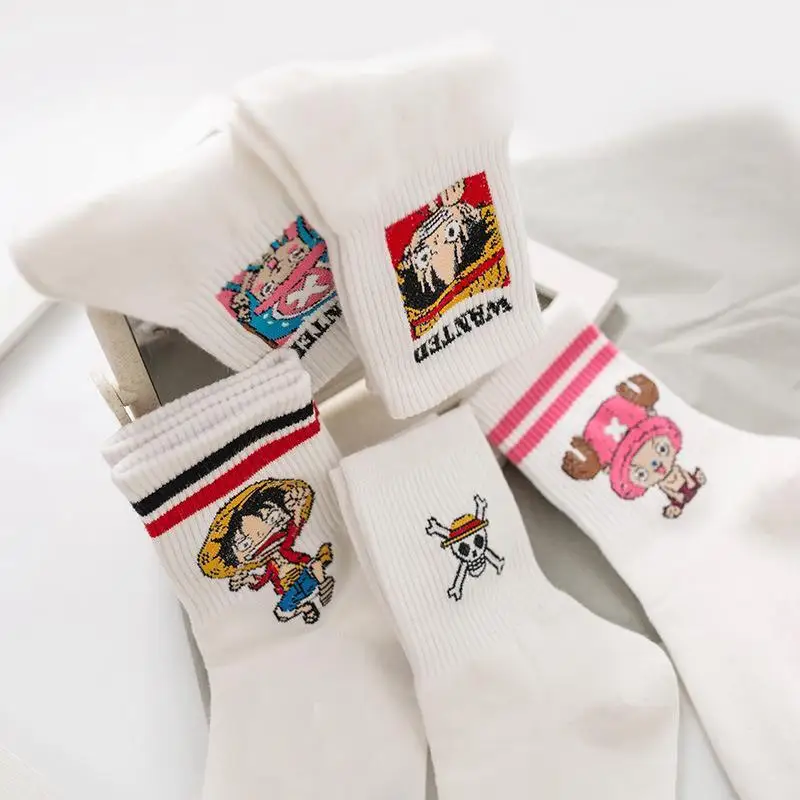 5Pcs One Piece Anime Crew Socks Luffy Chopper Kawaii Girl Cotton Student Good Looks Knitted Socks Thicken Cartoon Printing Gift